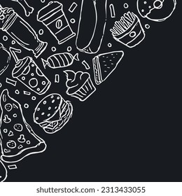 Fast food background with place for text. Doodle fastfood icons. Drawn food illustration