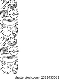 Fondo de comida rápida con lugar para texto. Iconos de comida rápida Doodle. Ilustración de alimentos dibujada