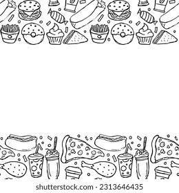 Fast food background with place for text. Doodle fastfood icons. Drawn food illustration