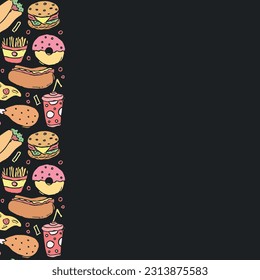 Fast food background with place for text. Doodle fastfood icons. Drawn food illustration