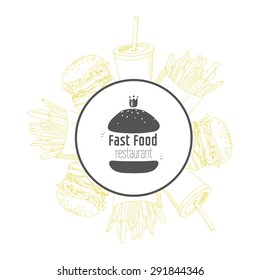 Fast food background and round label with hand drawn burger. Vector frame or badge. Restaurant greeting illustration