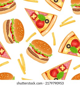 Fast food background. Seamless pattern with hamburgers, pizza slices and french fries. Vector cartoon illustration.