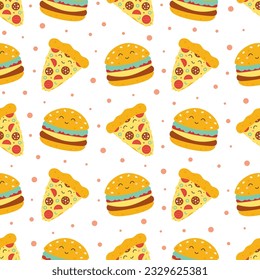 fast food background, seamless pattern with pizza slices and burgers, cartoon vector illustration of  italian food