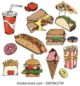 Fast food background. Snack collection. Junk food. Vector illustration, wallpaper, backdrop. Vintage hand drawn sketch 