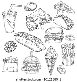 Fast food background. Snack collection. Junk food. Vector illustration, wallpaper, backdrop. Vintage hand drawn sketch 