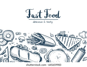 Fast food background with snack collection. Vector restaurant menu cover with hand drawn pizza, french fries, sandwich, hot dog, chicken elements. Junk food creative poster with meal linear sketches.