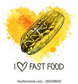 Fast food background with splash watercolor heart. Hand drawn sketch illustration. Menu design