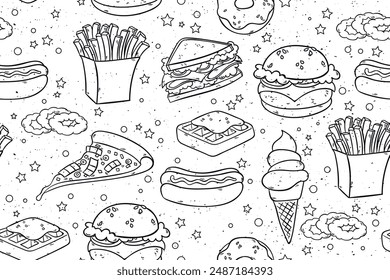 Fast food background. Vector black and white background with french fries, pizza, hot dogs, hamburgers, ice cream, donuts.