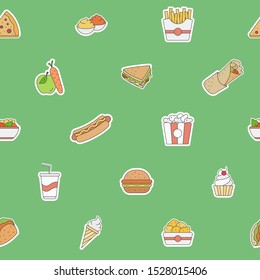 Fast Food background - Vector color seamless pattern of sandwich, burger, hot dog, meat and desserts for graphic design