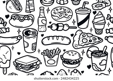 Fast food background, vector pattern of hamburgers, soda, donuts, pizza, etc. Monochrome simple and stylish pattern on the theme of fast food.