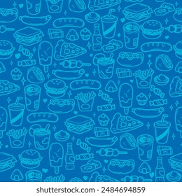 Fast food background, vector pattern of hamburgers, soda, donuts, pizza, etc. Seamless pattern with sandwiches, sausages, candies, drinks.