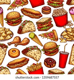 Fast food background with vector seamless pattern of burger, hot dog and pizza sketches, hamburger, sandwich and soda, chicken, fries and donut, taco, ice cream and popcorn. Junk food and drink design