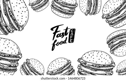 Fast food background. Vegetable Vegan Burger Burger Banner template in vintage style. Sketch card for restaurant menu. Hand drawn retro Poster.