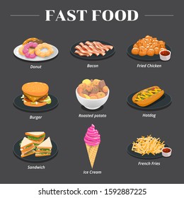 Fast food bacon,donut,fried chicken,hamburger,burger, roasted potato,hotdog,sandwich ,ice cream,french fries vector set collection graphic clipart design