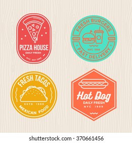 fast food  badges emblem logo banner with modern flat thin line design for pizza, hamburger, tacos and hot dog restaurant.