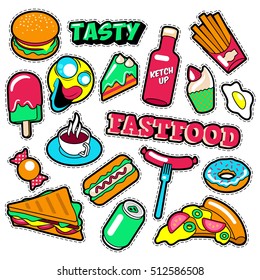 Fast Food Badges, Patches, Stickers - Burger Fries Hot Dog Pizza Donut Junk in Comic Style. Vector Doodle