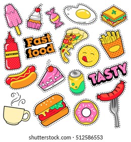 Fast Food Badges, Patches, Stickers - Burger Fries Hot Dog Pizza Donut Junk In Comic Style. Vector Doodle