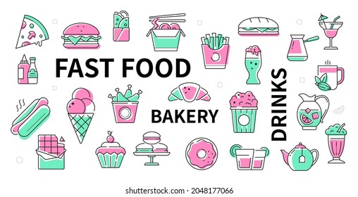 Fast Food, Bakery And Drinks - Line Design Icon Set In Gentle Green And Pink Color. Selection Of Different Types Of Meal, Dessert And Drinks That Are Easy To Take Away Or Eat Inside The Restaurant