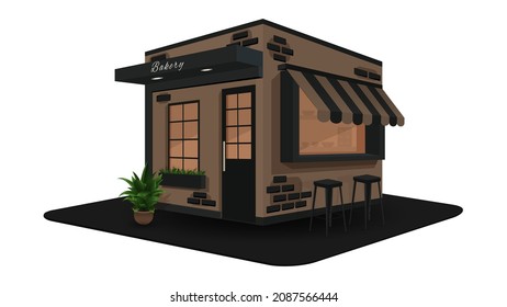 Fast food bakery. The facade of the store with bar stools. Vector illustration.