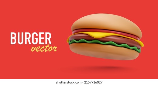 Fast food banner with 3d realistic flying burger with shadow isolated on red background. Vector illustration