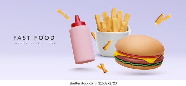 Fast food banner with 3d realistic burger, french fries isolated on gradient background. Vector illustration