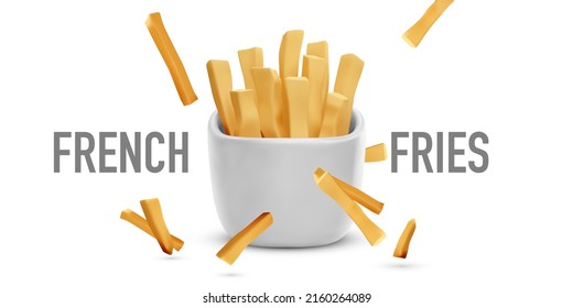 Fast food banner with 3d realistic render fries potato in white package on white background. Vector illustration