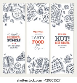 Fast food banner collection. Linear graphic. Snack collection. Junk food cafe. Vector illustration