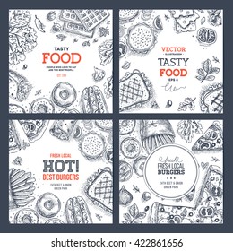 Fast food banner collection. Linear graphic. Snack collection. Junk food cafe. Vector illustration