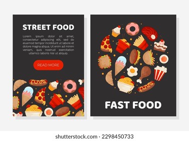 Fast Food Banner Design with Hamburger, French Fries, Sweet and Hot Dog Vector Template