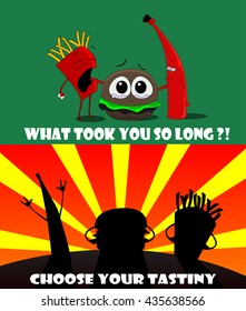 Fast food banner. On the first the banner food characters asks visitors not to leave for long time and to quickly return. In the second, they are depicted as superheroes. Vector. Third set