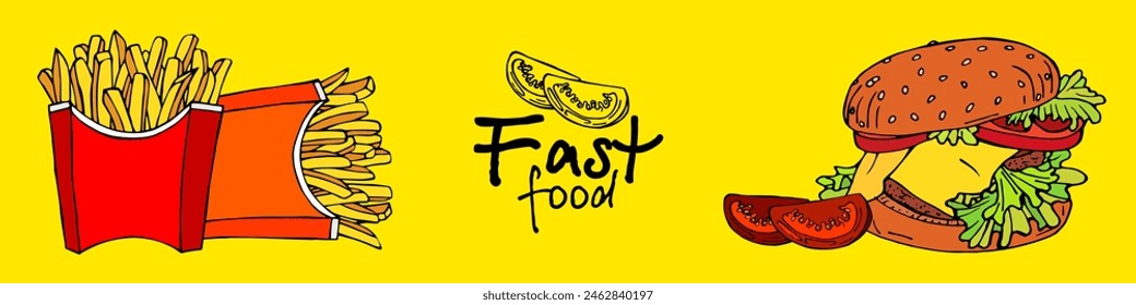 Fast food. Banner with packages of fries and burger. French fries and cheeseburger illustration, delicious popular food, vector image. Stylized images of food from fast food restaurants