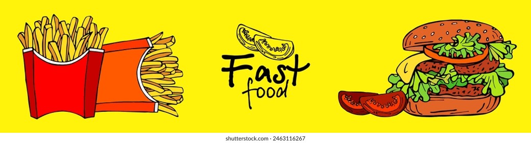 Fast food. Banner with packages of fries and burger. French fries and cheeseburger illustration, delicious popular food, vector image. Stylized images of food from fast food restaurants