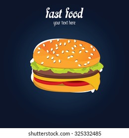 Fast food banner / poster with hamburger emblem. Banner for fast food restaurant or cafe. Place for your text. Vector illustration.