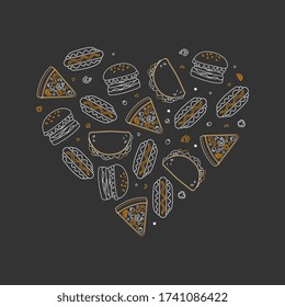 Fast Food Banner Template, Junk Food od Heart Shape, Restaurant or Cafe Menu Design Linear Vector Illustration