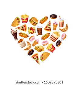 Fast Food Banner Template with Tasty Unhealthy Dishes Seamless Pattern in Heart Shape Vector Illustration
