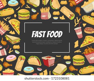 Fast Food Banner Template with Tasty Unhealthy Meals Seamless Pattern, Menu or Advertising Banner, Poster, Flyer, Brochure or Packaging Vector Illustration