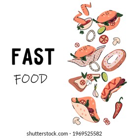 Fast food banner template with various colorful tasty dishes as burger and pizza, donut and hot dog, hand drawn doodle style vector illustration on white background.
