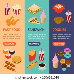 Fast Food Banner Vecrtical Set Isometric View for Menu with Hotdog Pizza Chicken and Donut Element. Vector illustration