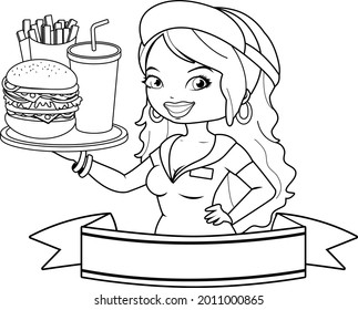 Fast food banner with a waitress serving a hamburger, fries and drink. Vector black and white coloring page.