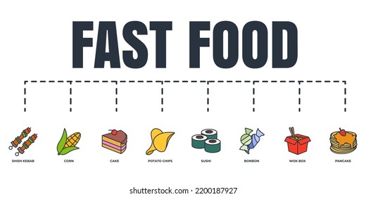 fast food banner web icon set. cake, shish kebab, potato chips, corn, wok box, sushi, pancake, bonbon vector illustration concept.