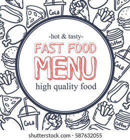 Fast food banner.Hand drawn fast food doodle. Snack collection. Junk food cafe. Vector illustration