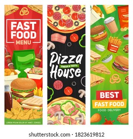 Fast food banners, burger fastfood menu, vector restaurant hamburgers meals, sandwiches and drinks. Fast food menu hot dog, pizza, fries and cheeseburger, burrito, taco, nachos chips, soda and coffee