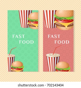 Fast food banners with burger and soda cup. Graphic design elements for menu packaging, advertising, poster, brochure and background. Vector illustration for bistro, snackbar, cafe or restaurant