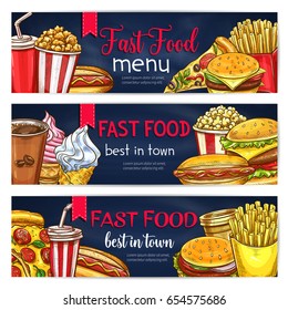 Fast food banners of burgers, desserts and drinks. Vector design set of fastfood meals, pizza and french fries snack, popcorn or donut and ice cream, cheeseburger or hamburger sandwiches and hot dog