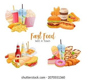 Fast food banners. Crepes, hamburger, wok noodles, hot dog, shawarma, pizza and others for takeaway cafe design. Vector illustration of street food.