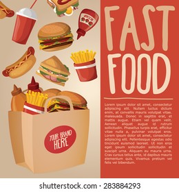 Fast food banners with french fries, chicken sandwich, ketchup, hot dog. Vector illustration