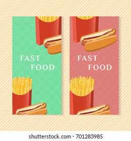 Fast food banners with hot dog and french fries. Graphic design elements for menu packaging, advertising, poster, brochure and background. Vector illustration for bistro, snackbar, cafe or restaurant