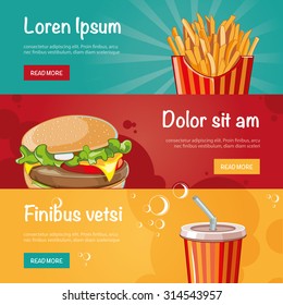 fast food banners set with pictures of burger, French fries and cola