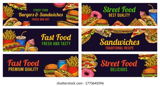 Fast food banners. Sketch hamburger and hot dog, pizza and fries, burger, donuts and cola, advertising restaurant advertising vector set. Hand drawn food sandwiches. ice cream. Best quality, tasty