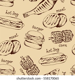 Fast food and barbecue seamless pattern, grill vector beige background, food ingredients collection with text, hot dog, hamburger, meat, corn